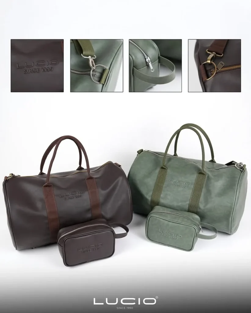 Sacos de viagem e necessaires em pele sintética com logótipo gravado, private label Lúcio Marroquinaria